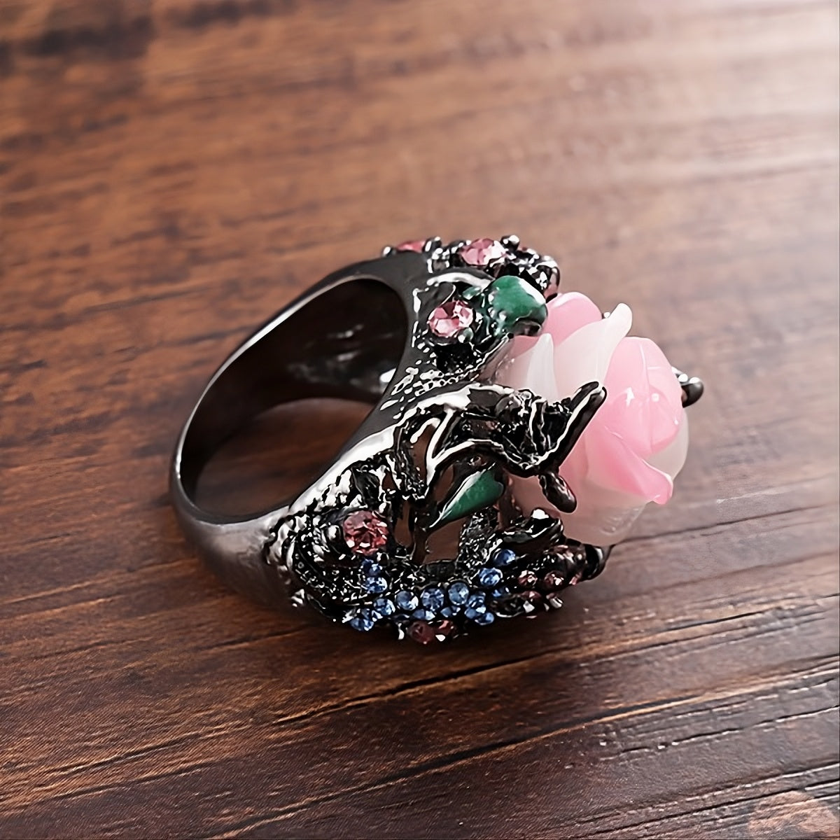 Handmade Black Tungsten Colorful Flower Lizard Resin Ring