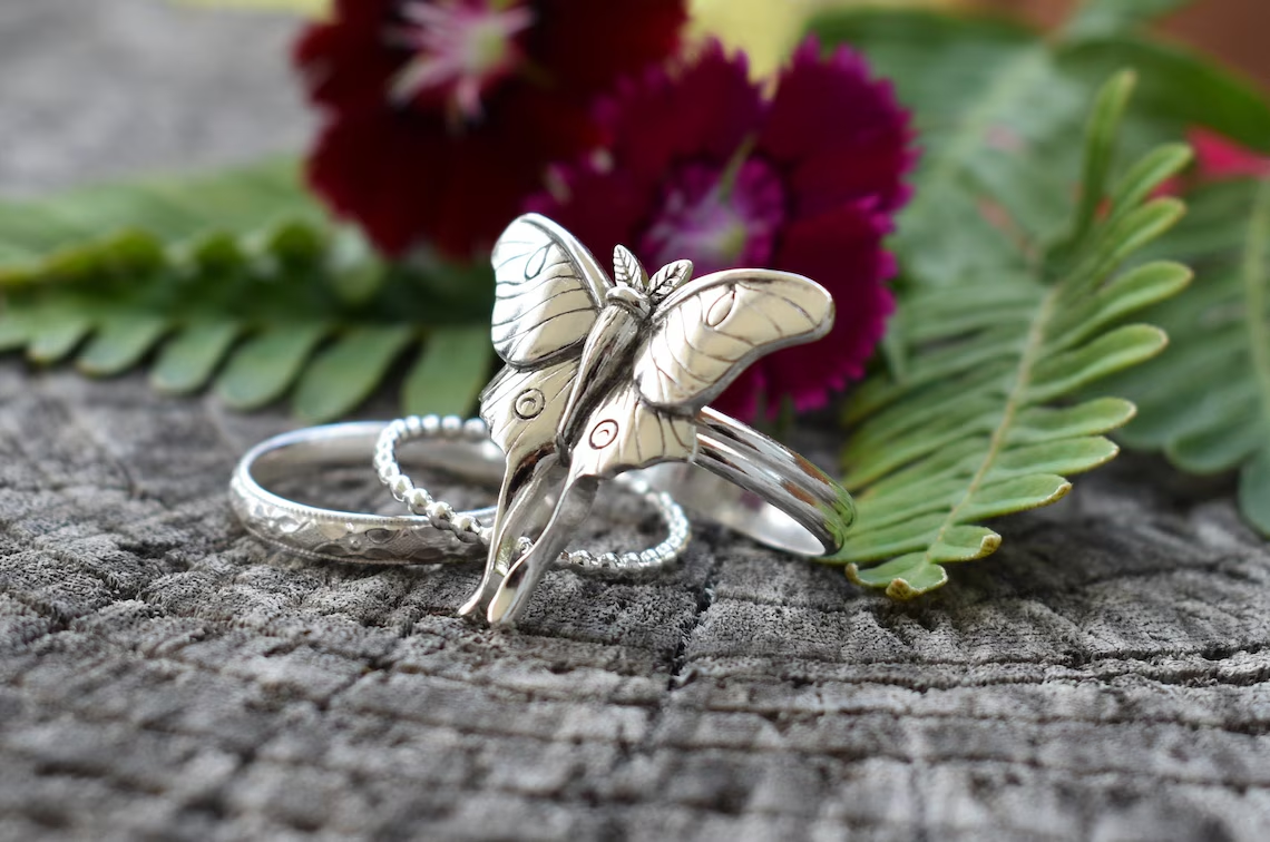 Vintage Butterfly Moth Retro Silver Insect Ring