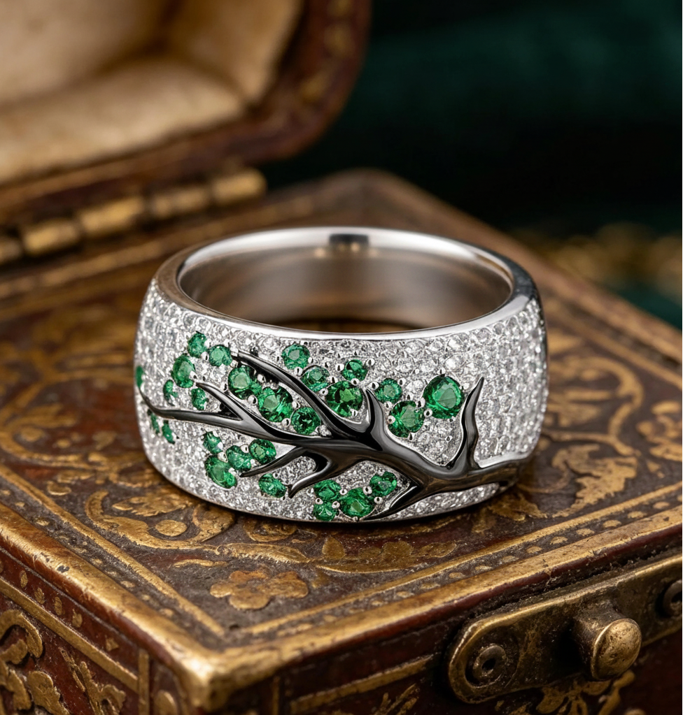 925 Sterling Silver Green Tree Branch Leaves Blossom Ring