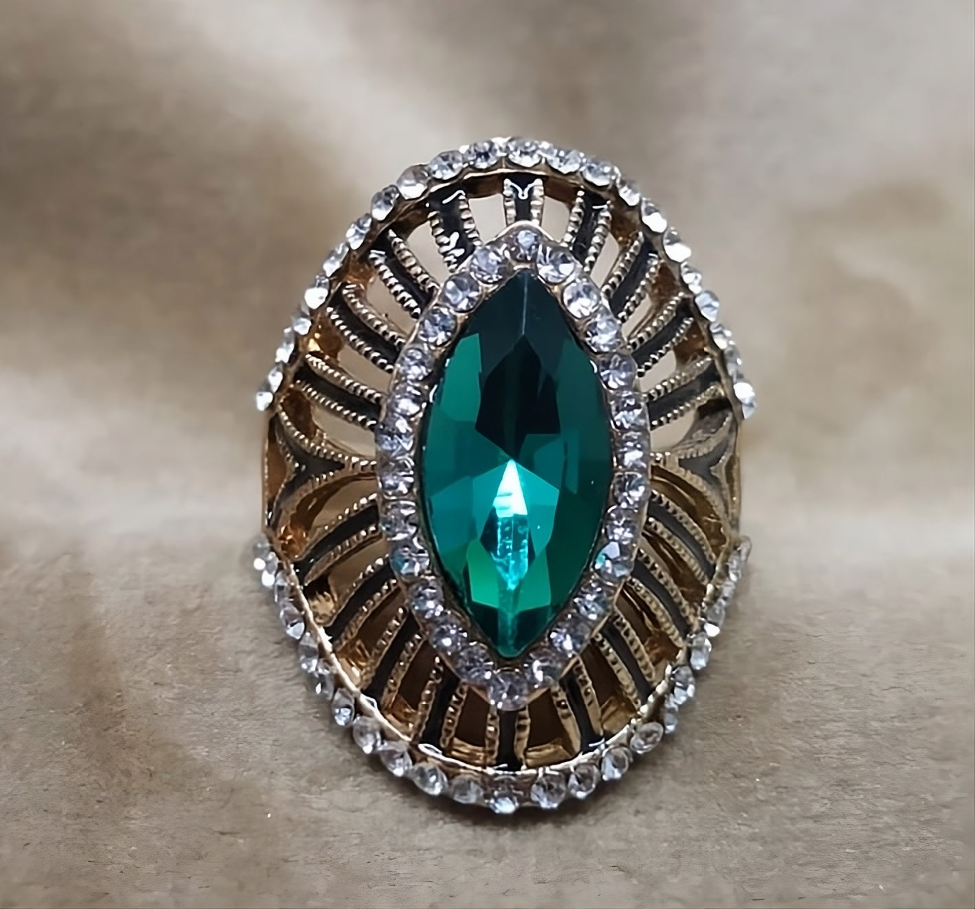 Green Marquise Crystal Black Enamel Antique Gold Ring