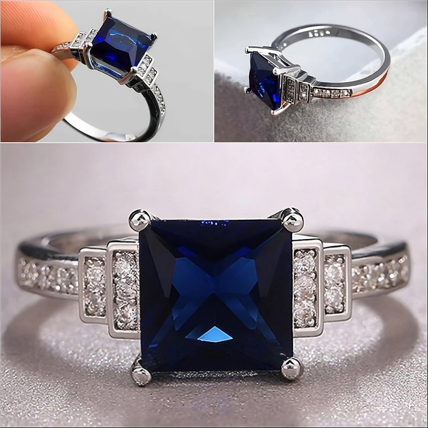 Blue Tanzanite Princess Cut 925 Sterling Silver CZ Ring