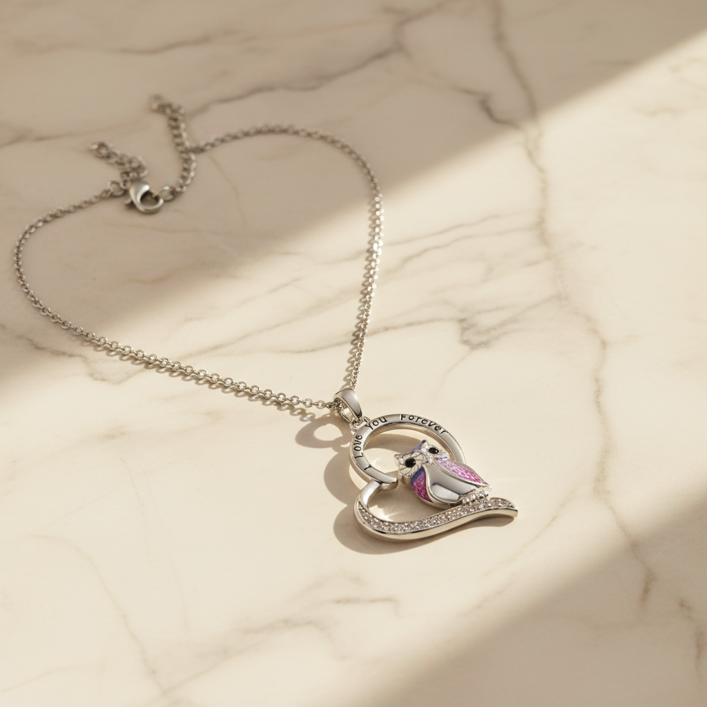 Pink Owl "I LOVE YOU FOREVER" Silver Heart Necklace