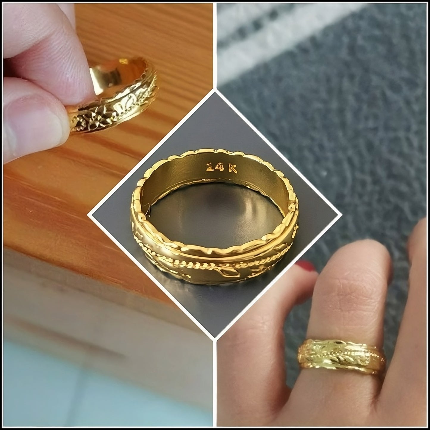 Classic Carved Rose Flower Engraved Gold Ring