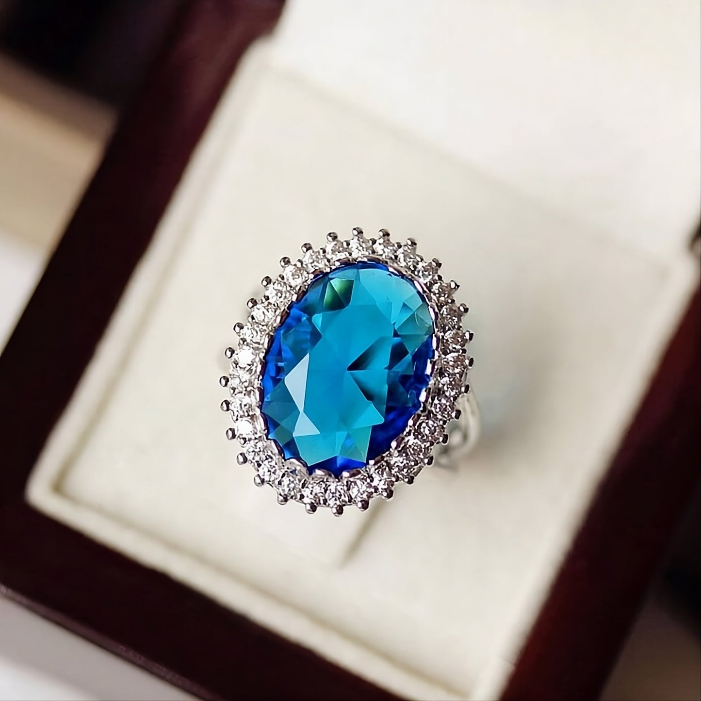 Blue Topaz Oval Halo Ring 925 Sterling Silver CZ Accent Statement Ring for Women
