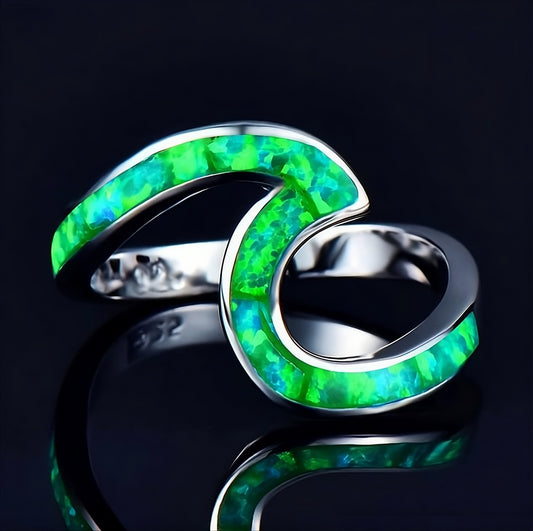 Unique Green Opal Wave Silver Ring
