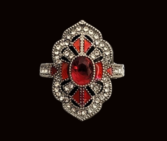 925 Sterling Silver Ruby Red Geometric Art Deco Ring