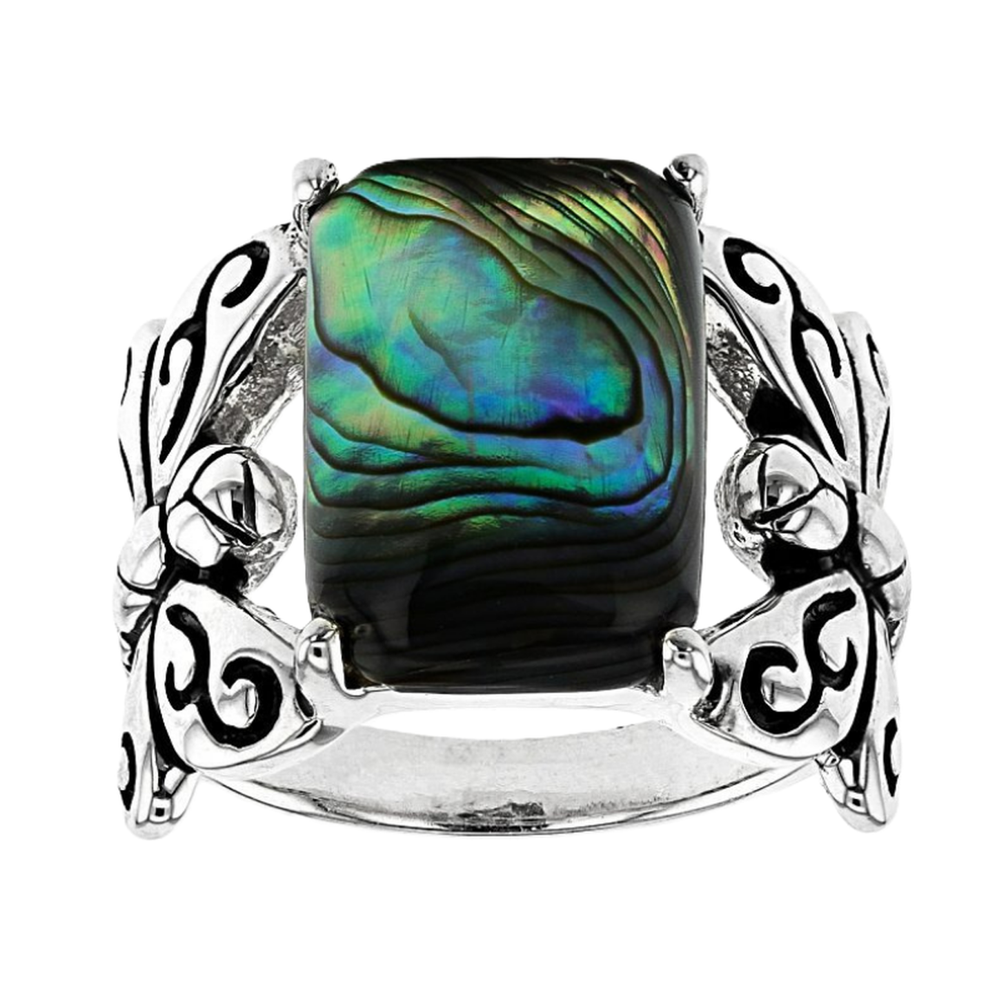 Vintage Distressed Colorful Shell Butterfly Antique Silver Ring