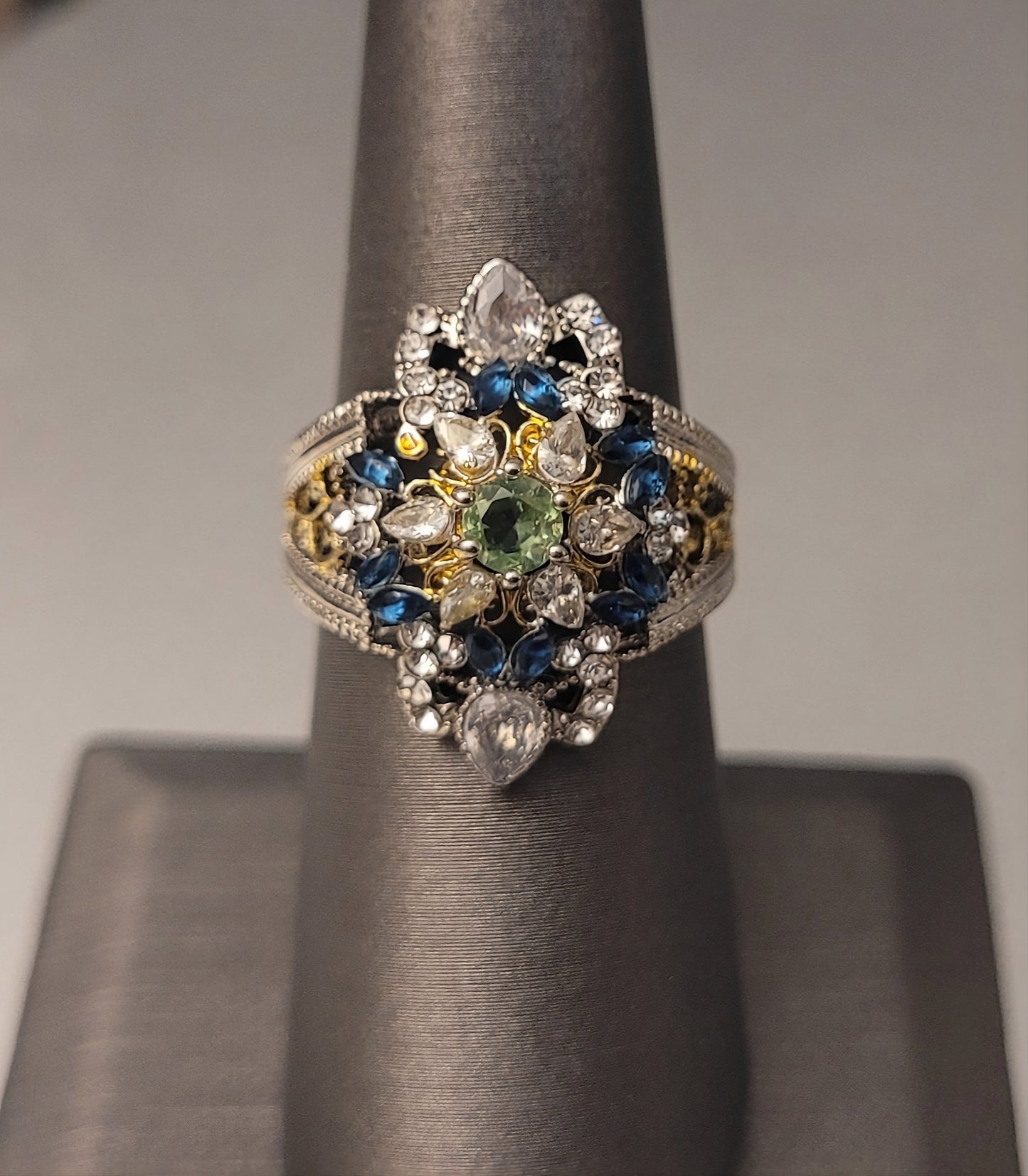 Hexagonal Blue & Green Rhinestones Two-Tone Art Deco Ring