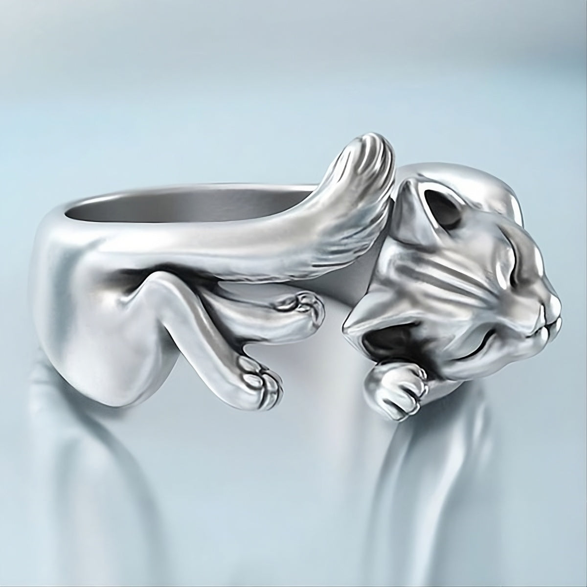 Sterling Silver Plated Artistic Sleeping Cat Open Retro Kitten Ring
