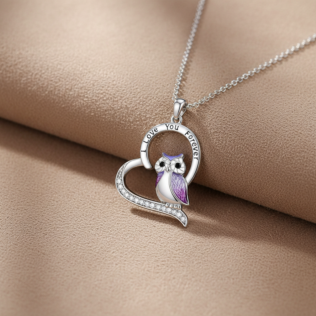 Pink Owl "I LOVE YOU FOREVER" Silver Heart Necklace