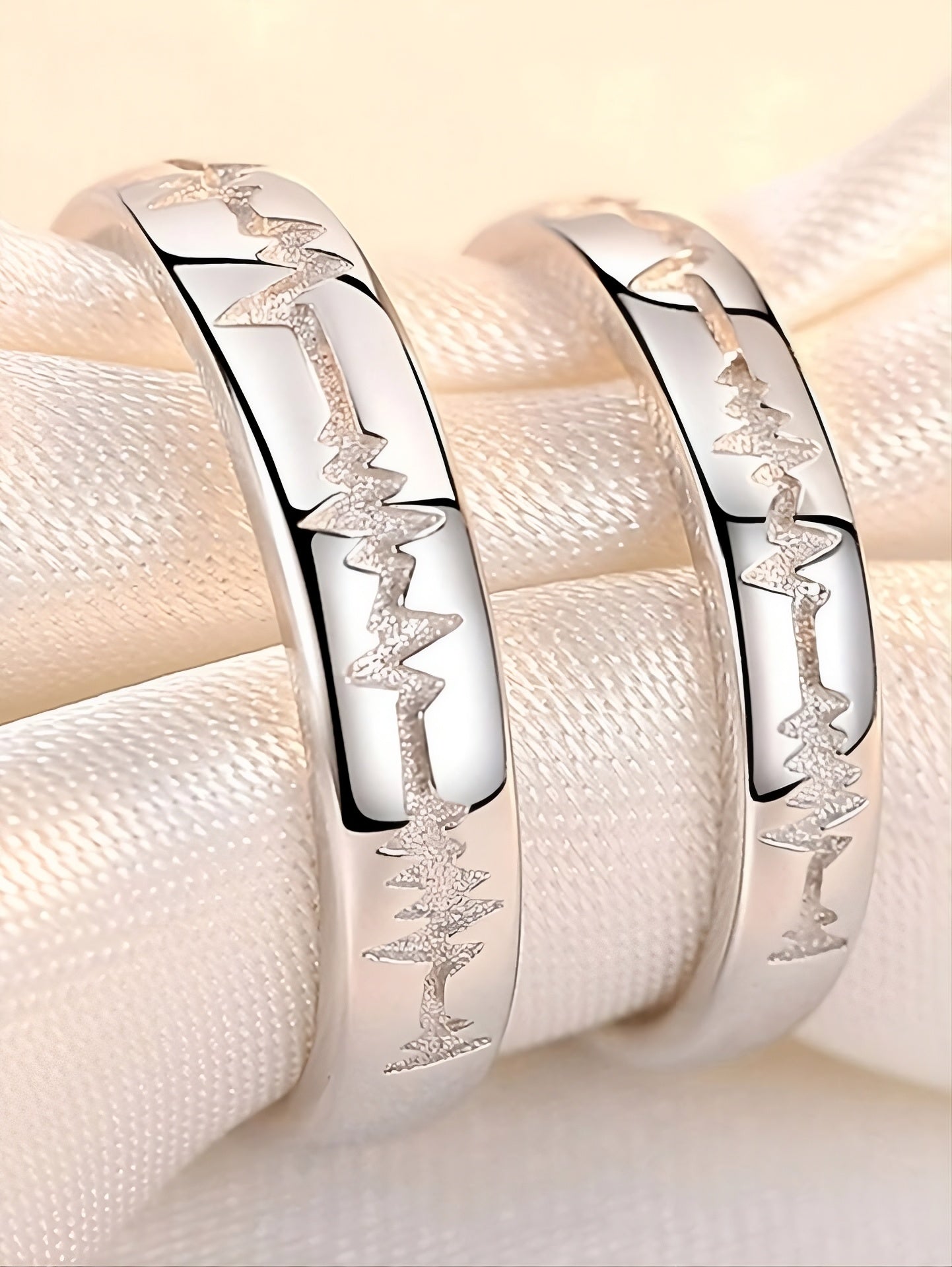 2pcs Sterling Silver Heart Electrocardiogram Matching Open Couple Rings