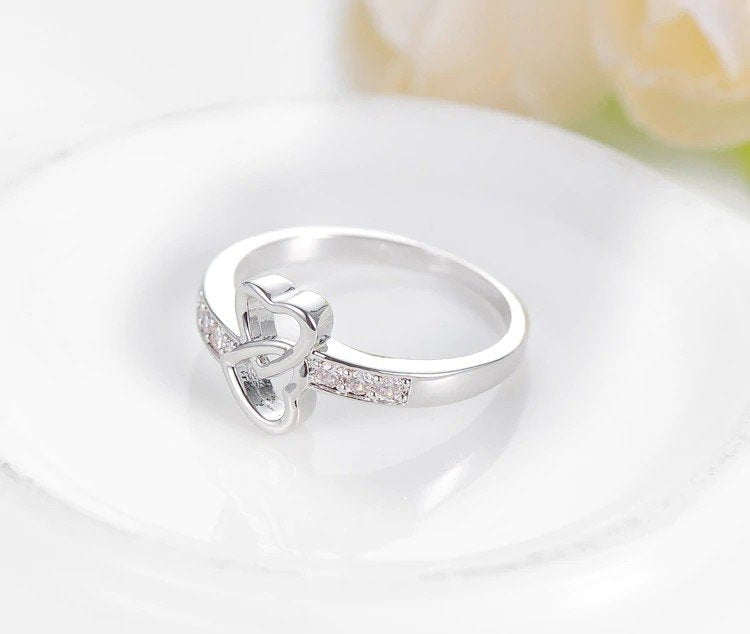 Sterling Silver Hollow Double Heart CZ Crystals Ring