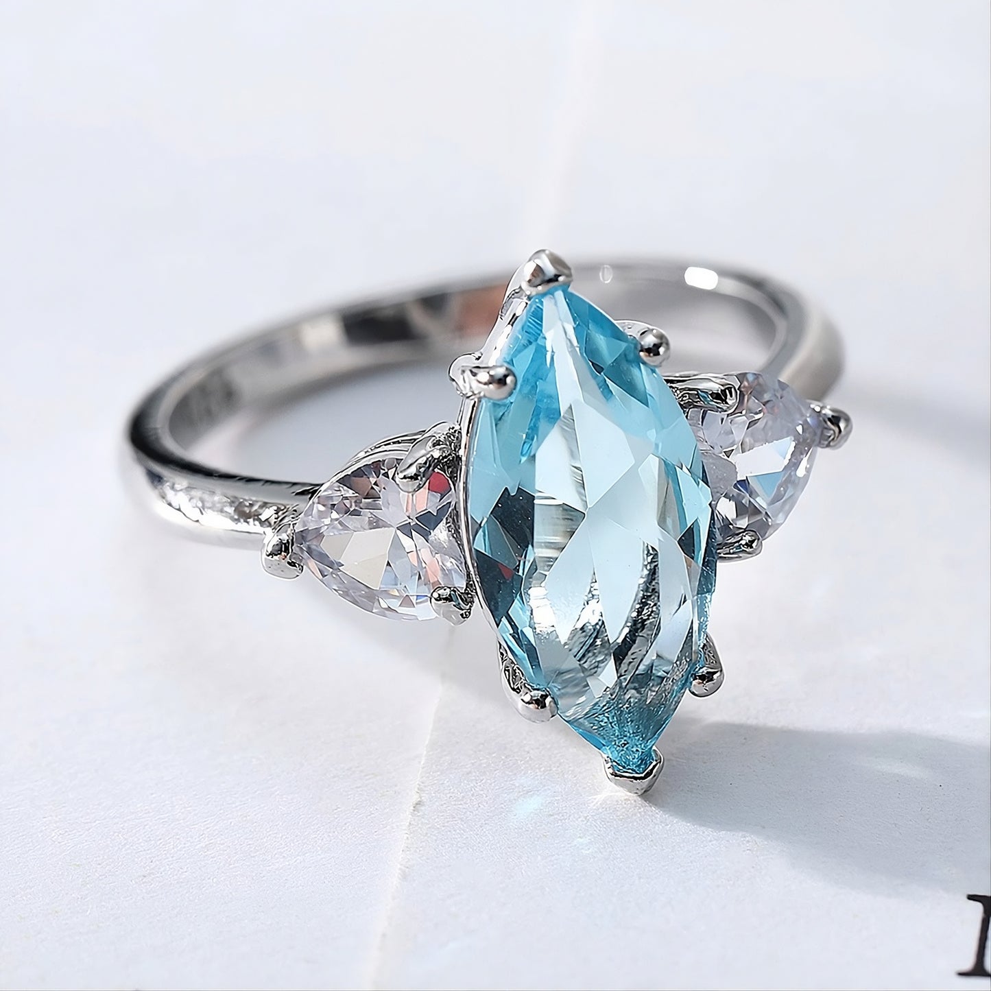 Sterling Silver Blue Aquamarine Marquise Cut Ring