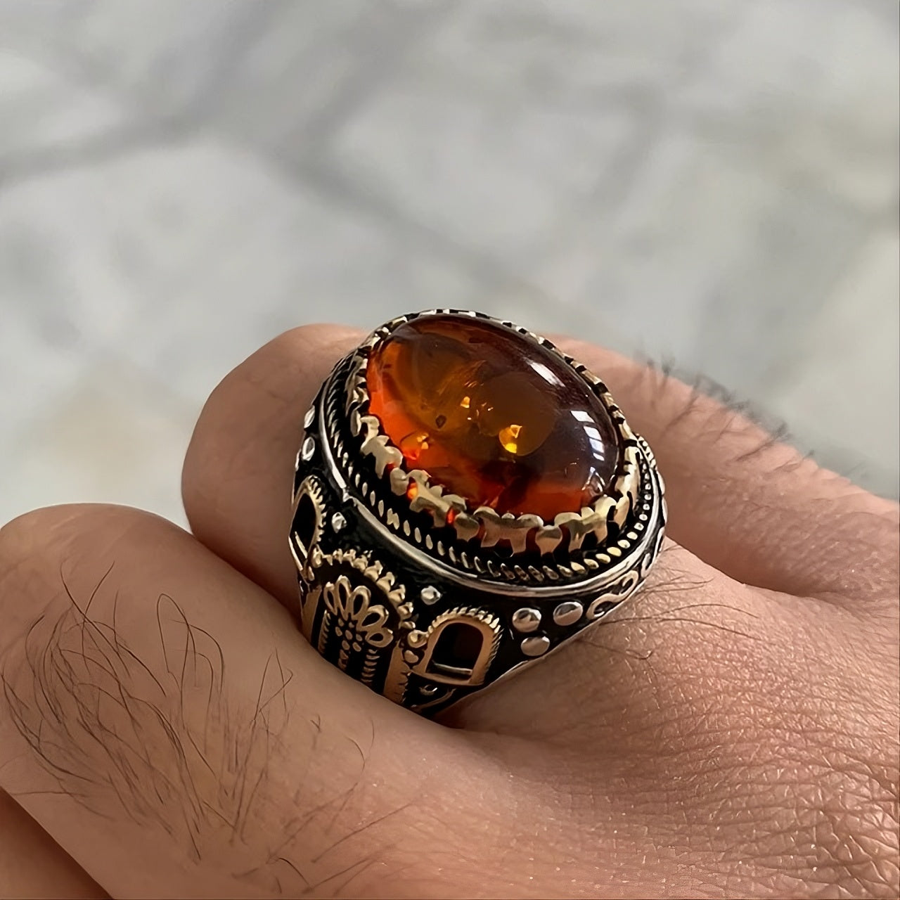 Men's Turkish Two-Tone Red Geometric Domineering Ring
