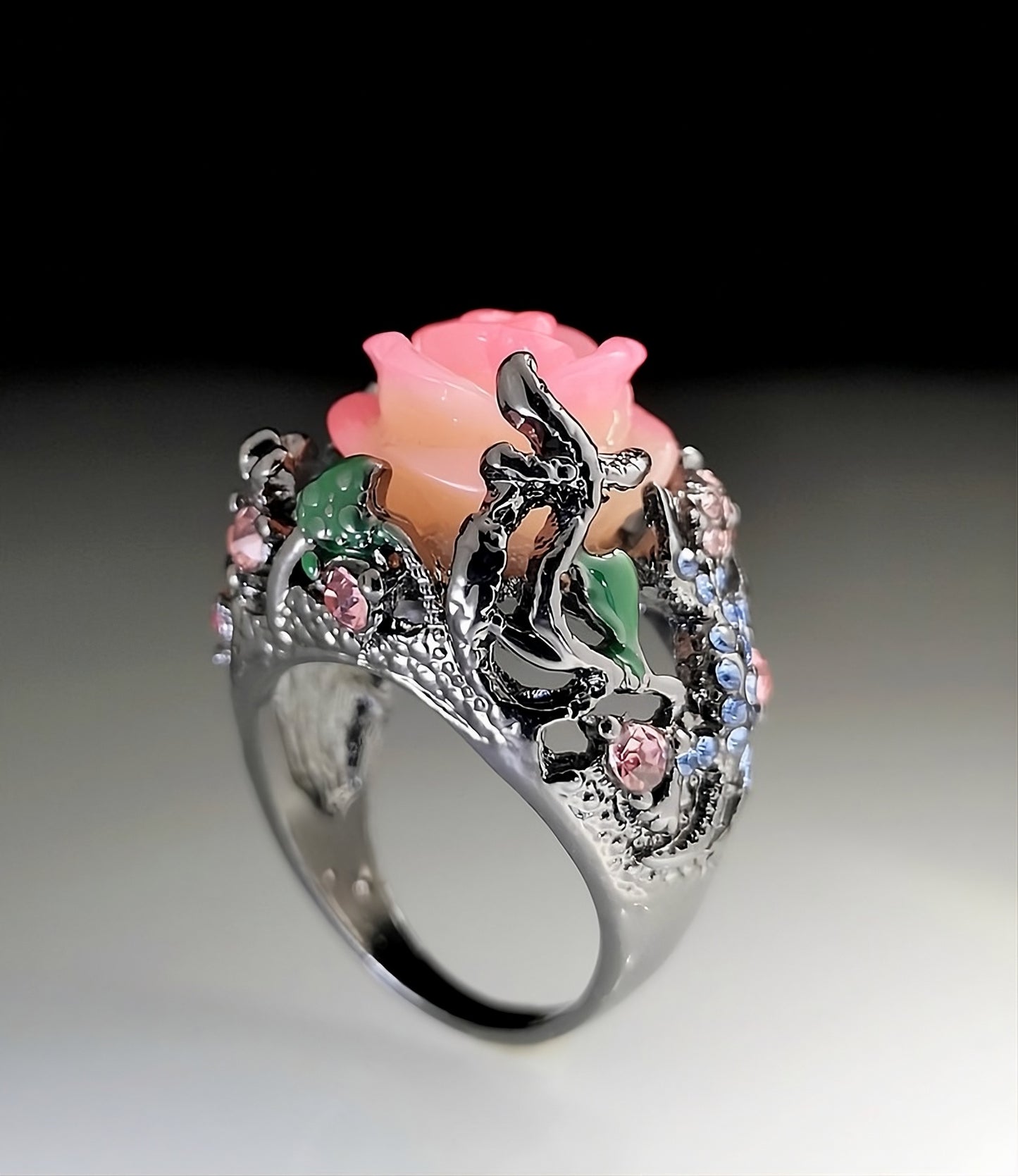 Handmade Black Tungsten Colorful Flower Lizard Resin Ring