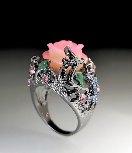 Handmade Black Tungsten Colorful Flower Lizard Resin Ring