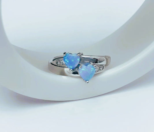 Blue Fire Opal Double Heart Silver Ring