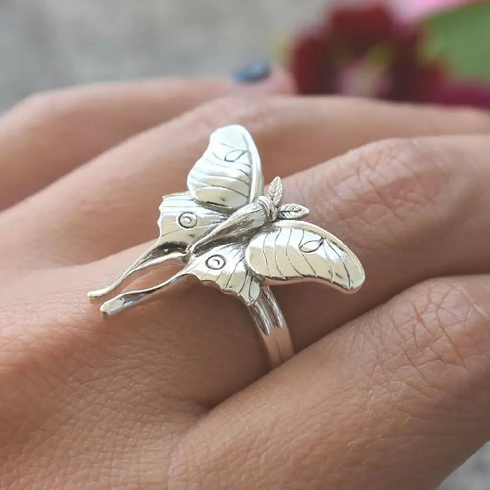 Vintage Butterfly Moth Retro Silver Insect Ring