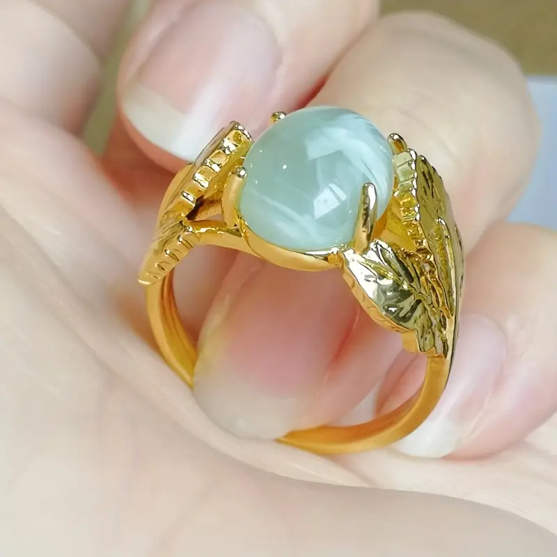 Delicate Gold Metal Leaves Blue Resin Maple Leaf Ring