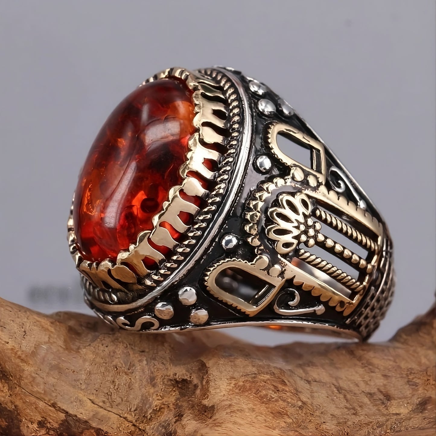 Men's Turkish Two-Tone Red Geometric Domineering Ring