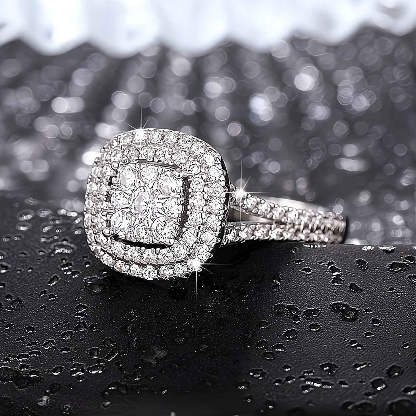 925 Sterling Silver Square Gemstones Engagement Ring