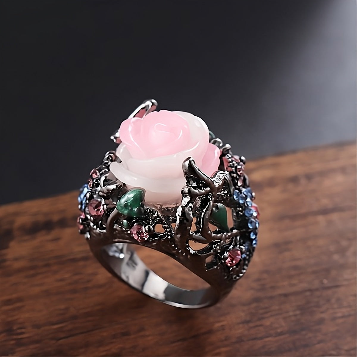 Handmade Black Tungsten Colorful Flower Lizard Resin Ring