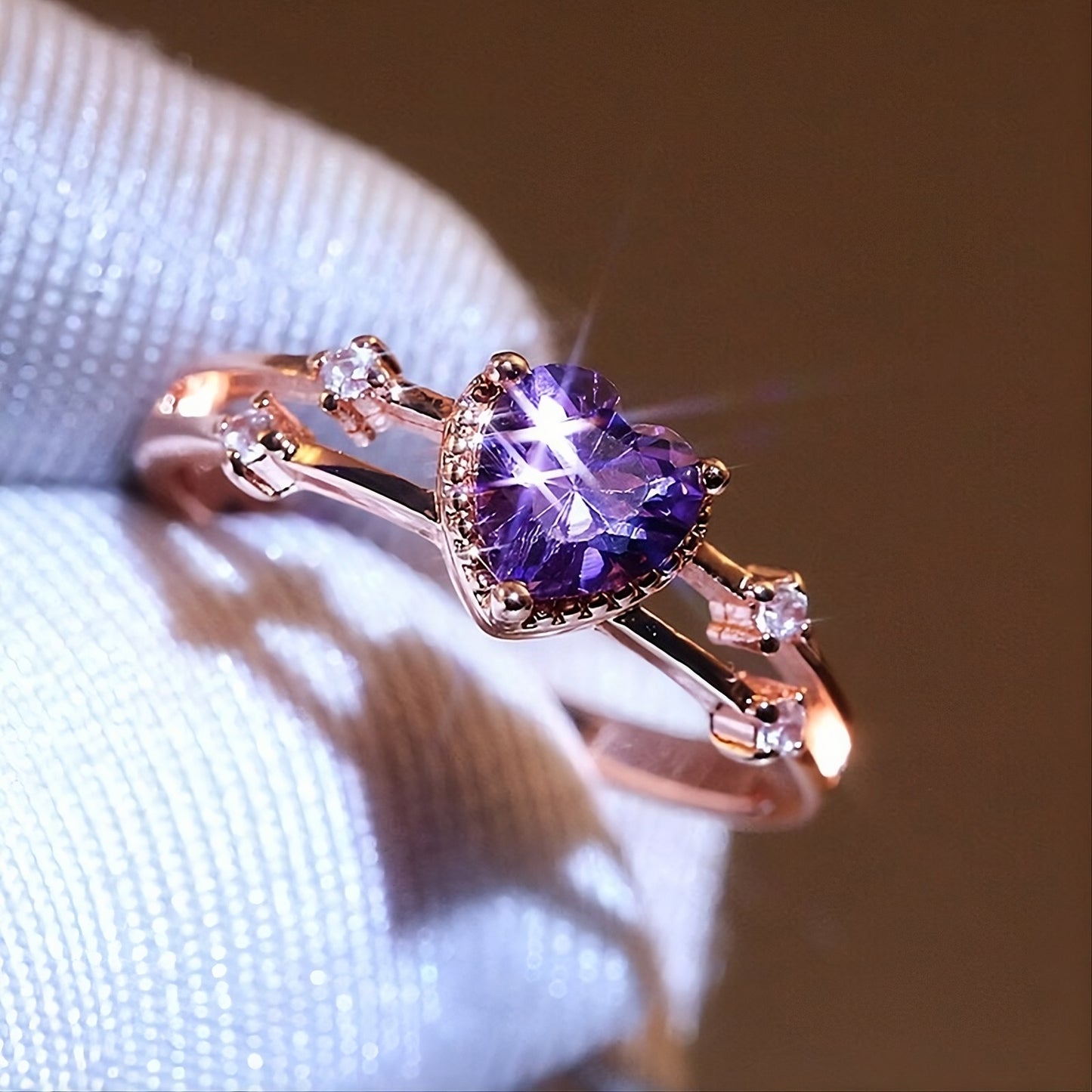 Sterling Silver Rose Gold Inlaid Purple Heart-Shape Ring