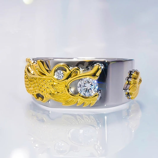 Men's Retro Golden Dragon Two-Tone Biker Ring