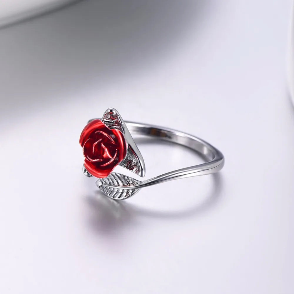 Exquisite Red Rose Flower Leaf Open Cocktail Ring