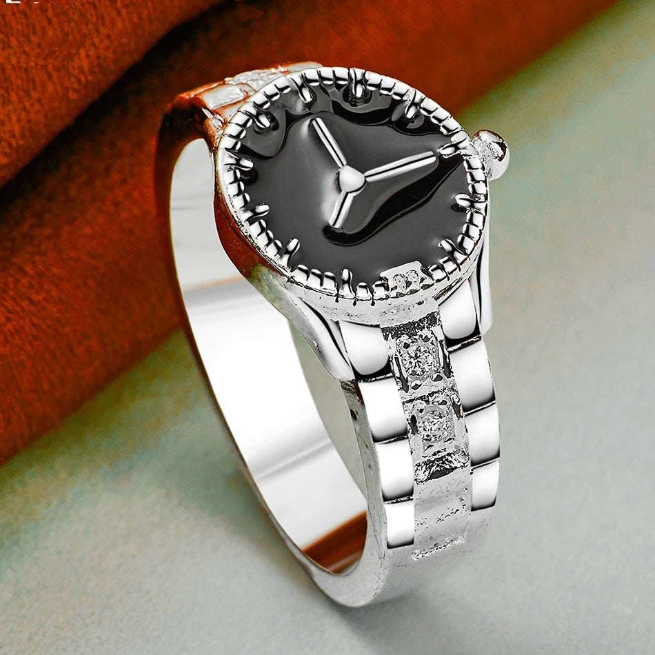 925 Sterling Silver Analog Watch Shaped Clock Ring