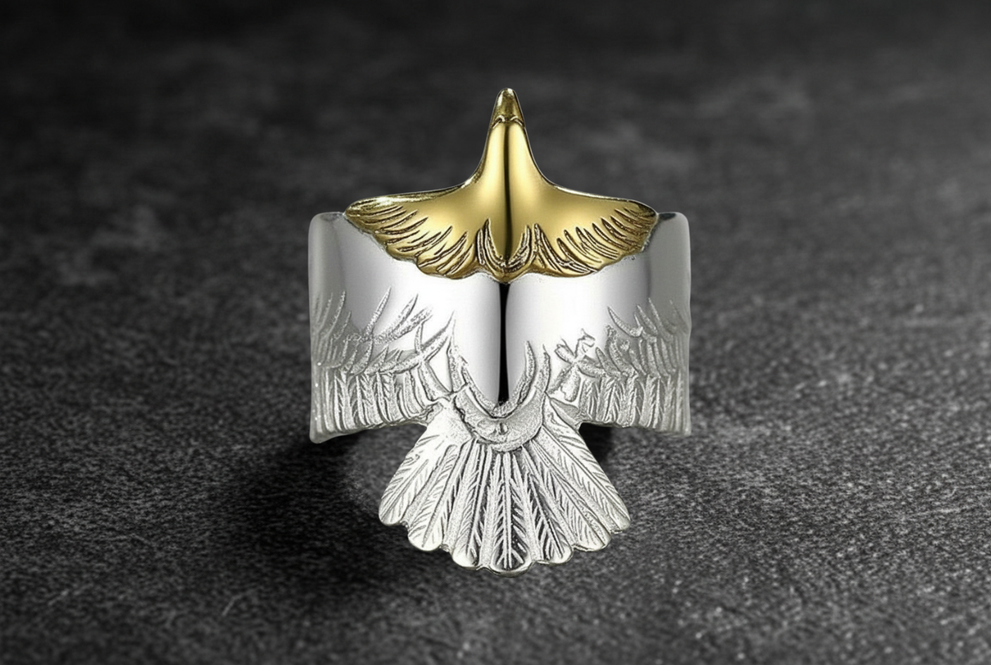 Men's Carved Flying Eagle Wings Open Sterling Silver Plated Two-Tone Ring
