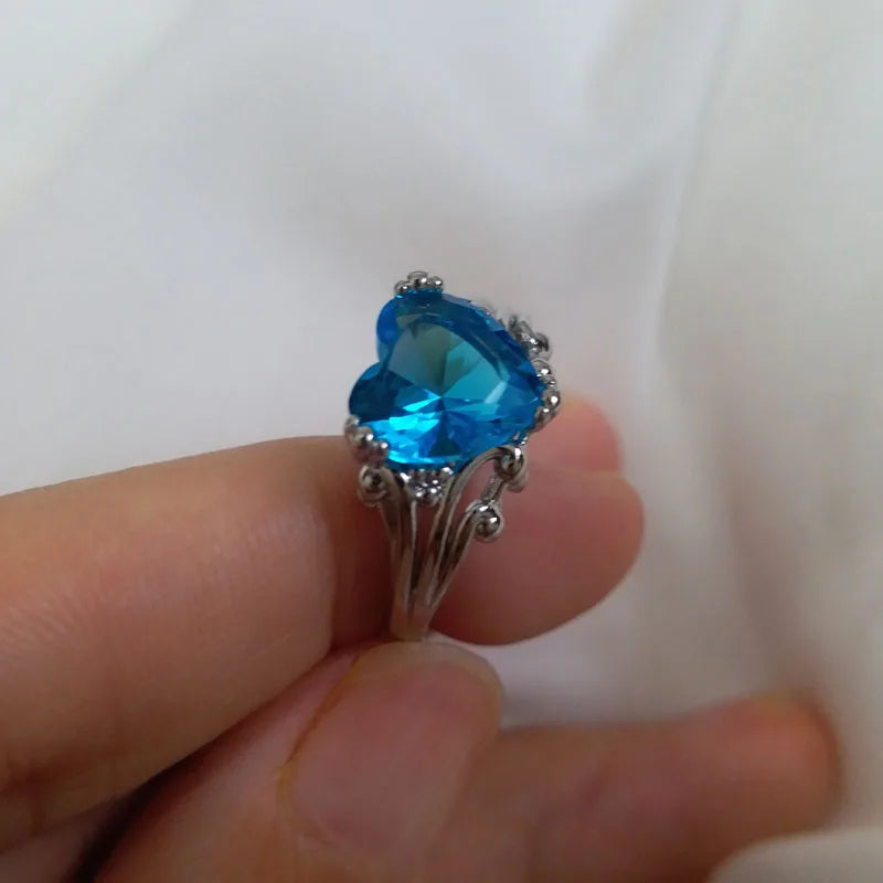 12mm Blue Aquamarine Silver Tone Heart Shaped Ring
