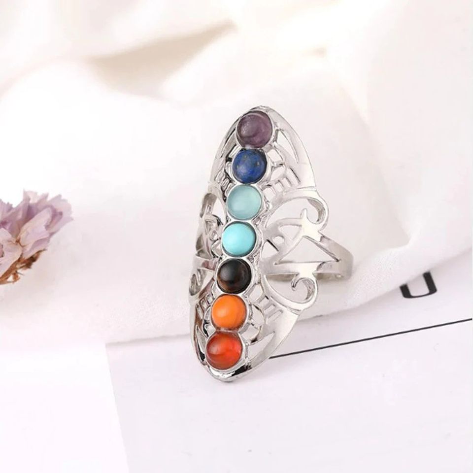 7 Chakra Healing Stone Beaded Open Silver Ring