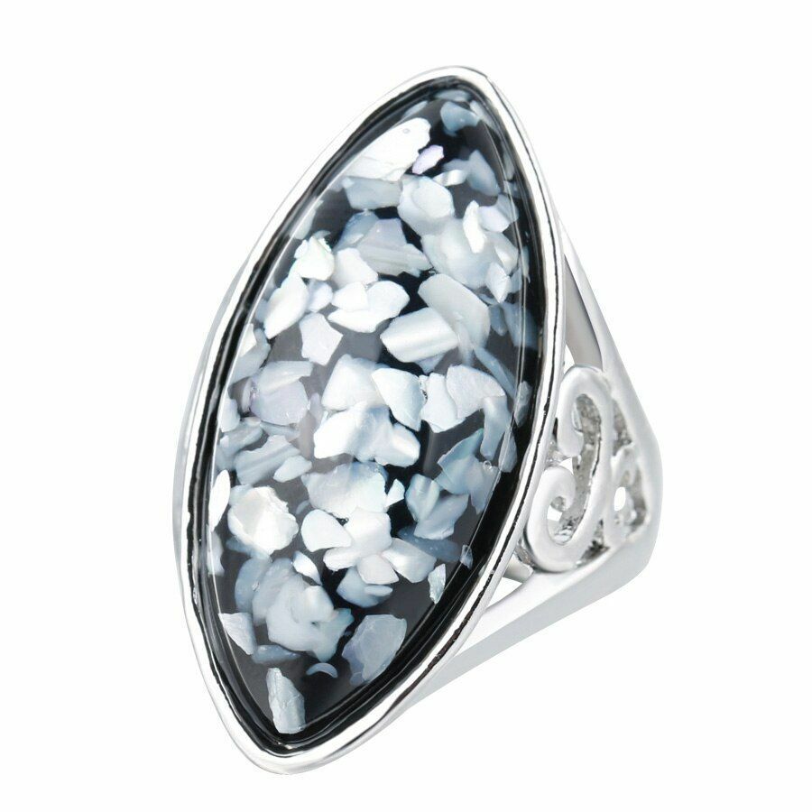 Artificial Coral Colorful Shells Big Oval Blue Mosaic Silver Ring