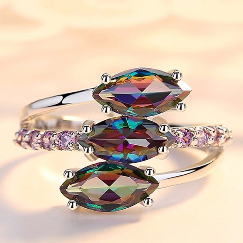 3 Marquise Mystic Rainbow Topaz Silver Ring