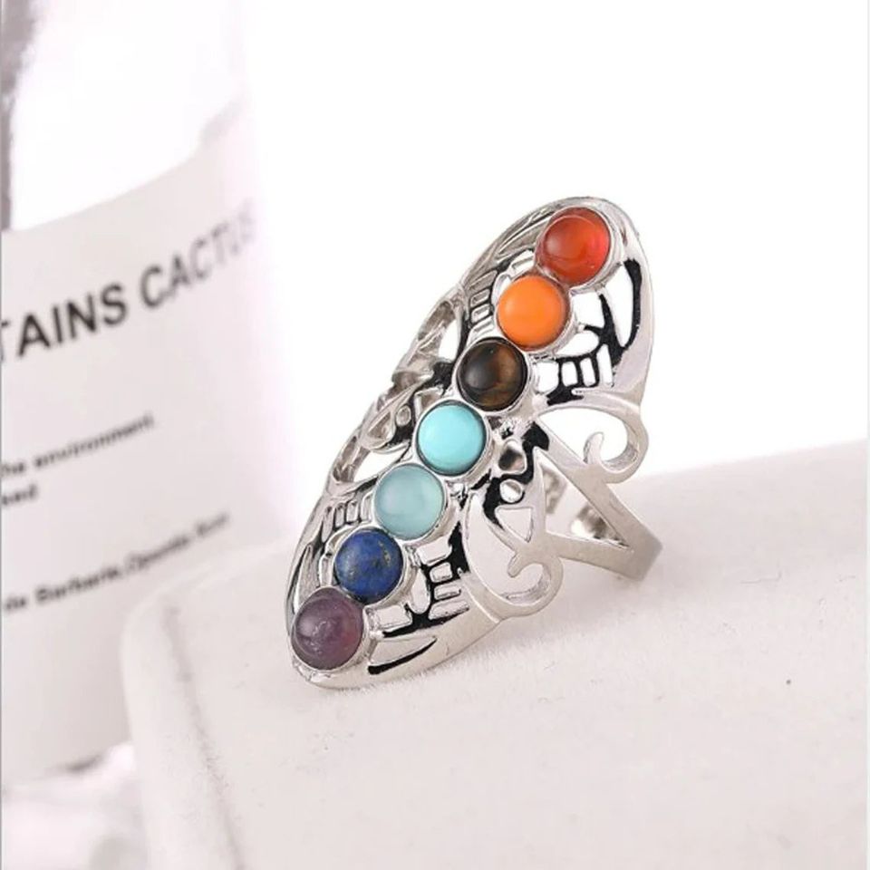 7 Chakra Healing Stone Beaded Open Silver Ring