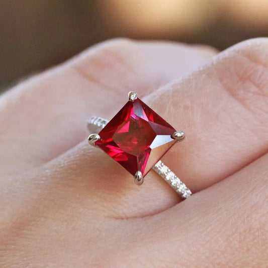 Sterling Silver Princess Cut Ruby Red Solitaire Ring