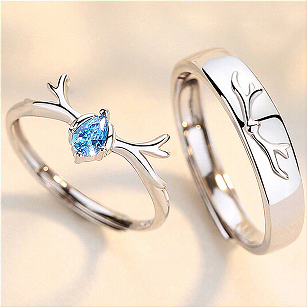 2pcs Sterling Silver Blue Deer Antler Matching Open Couple Rings