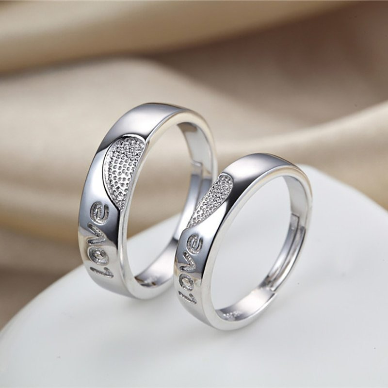 2pcs Sterling Silver Matching Heart Love Open Couple Rings