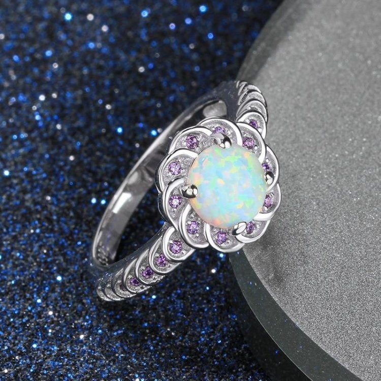 White Opal & Purple Zircon Round Flower Silver Ring