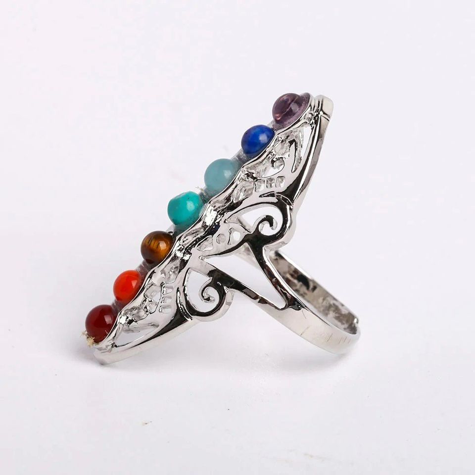 7 Chakra Healing Stone Beaded Open Silver Ring