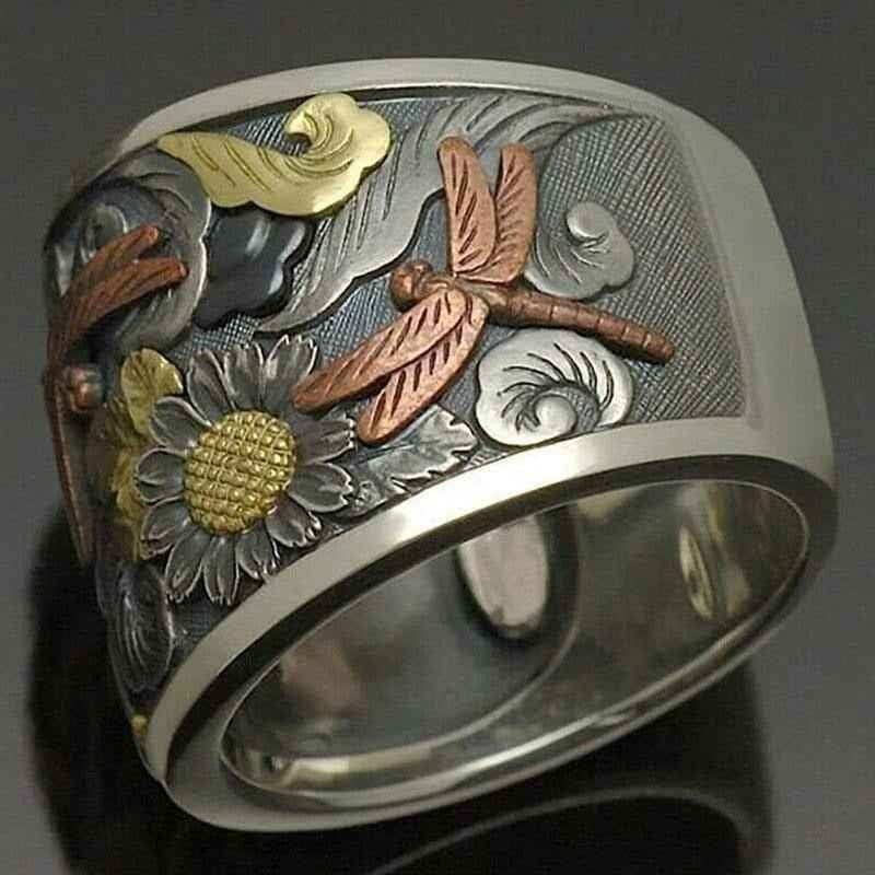 Carved Dragonfly Daisy Engraved Silver Banquet Ring