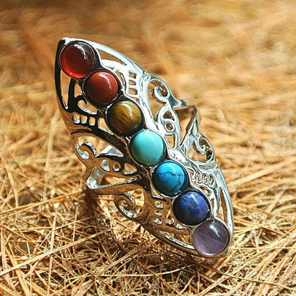 7 Chakra Healing Stone Beaded Open Silver Ring