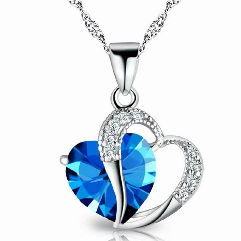 Aqua Blue Heart Shaped Silver Pendant Necklace & Chain