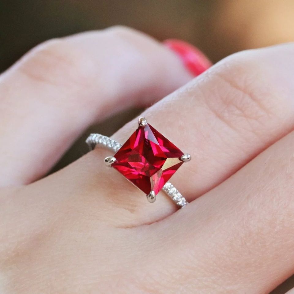 Sterling Silver Princess Cut Ruby Red Solitaire Ring