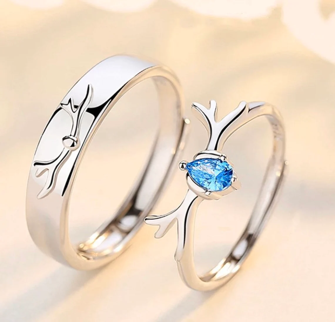 2pcs Sterling Silver Blue Deer Antler Matching Open Couple Rings