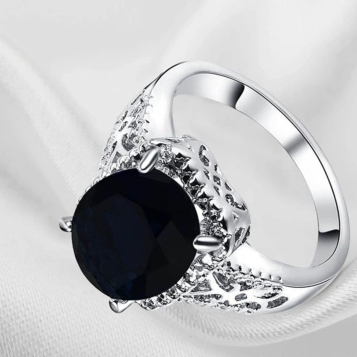 Hollow Out Oval Black Onyx Sterling Silver Ring