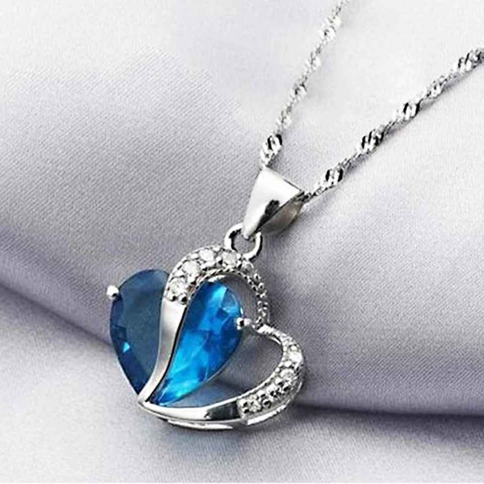 Aqua Blue Heart Shaped Silver Pendant Necklace & Chain