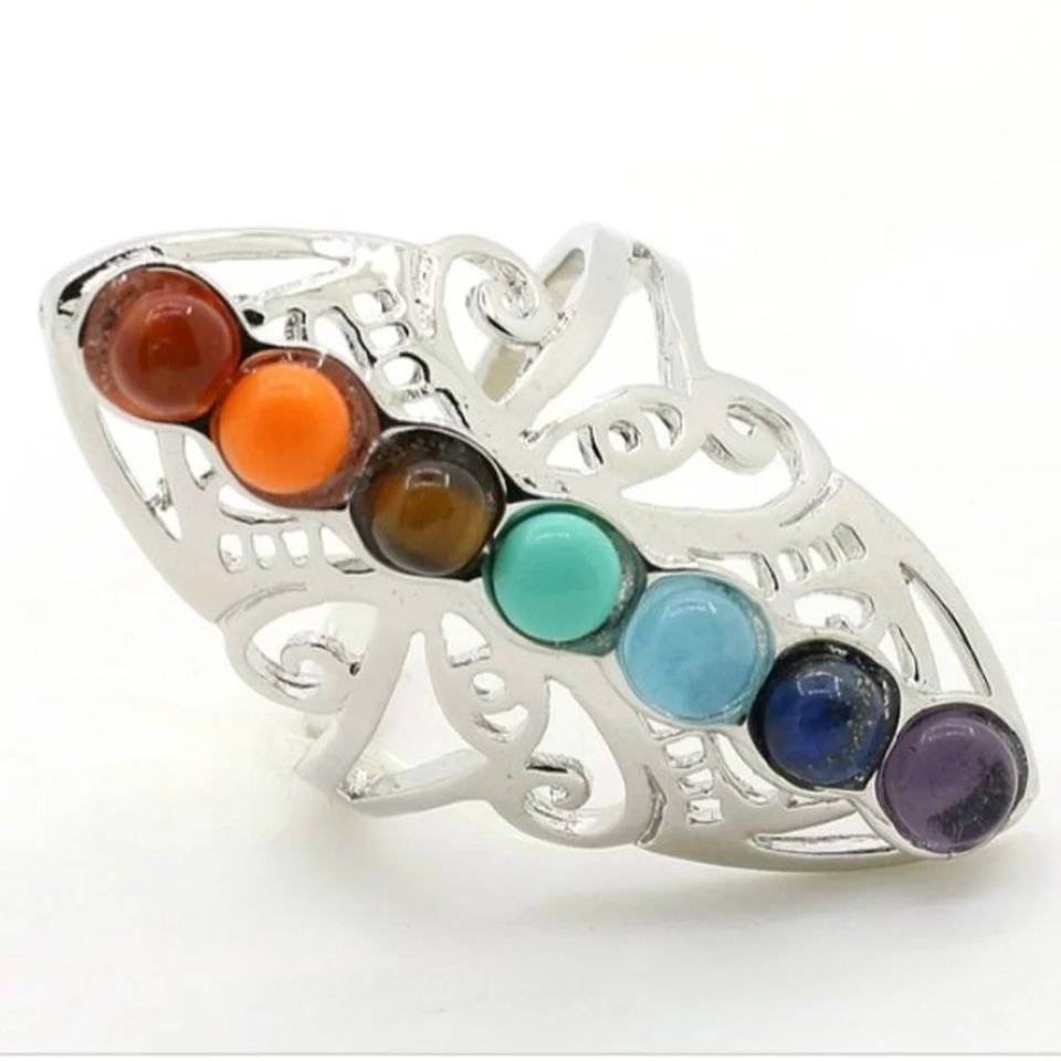 7 Chakra Healing Stone Beaded Open Silver Ring