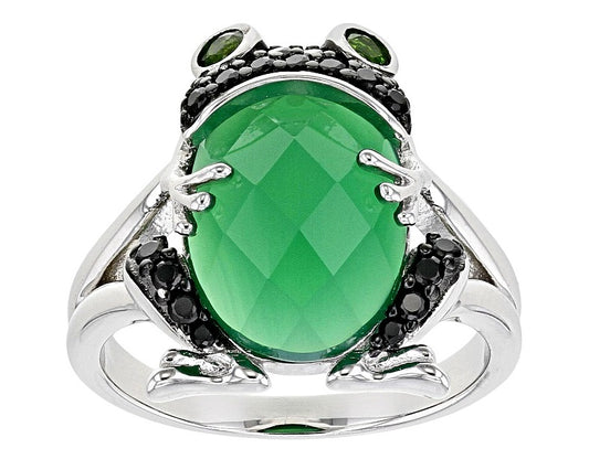 Lucky Green Frog with Gray Stones Unique Retro Silver Ring